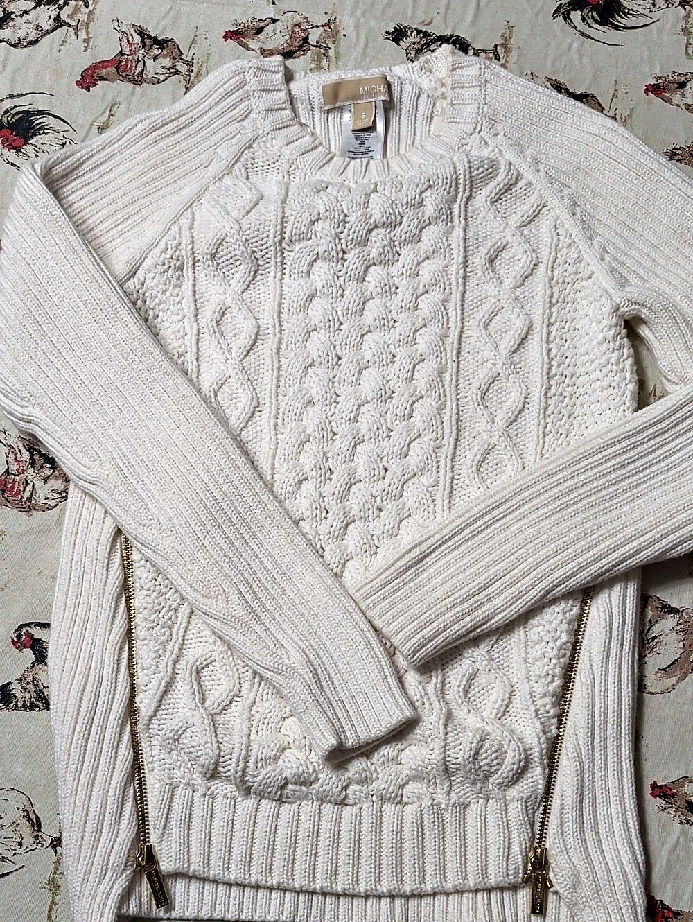 Michael Kors Cable Knit Side-Zip Pullover Sweater Cream Small